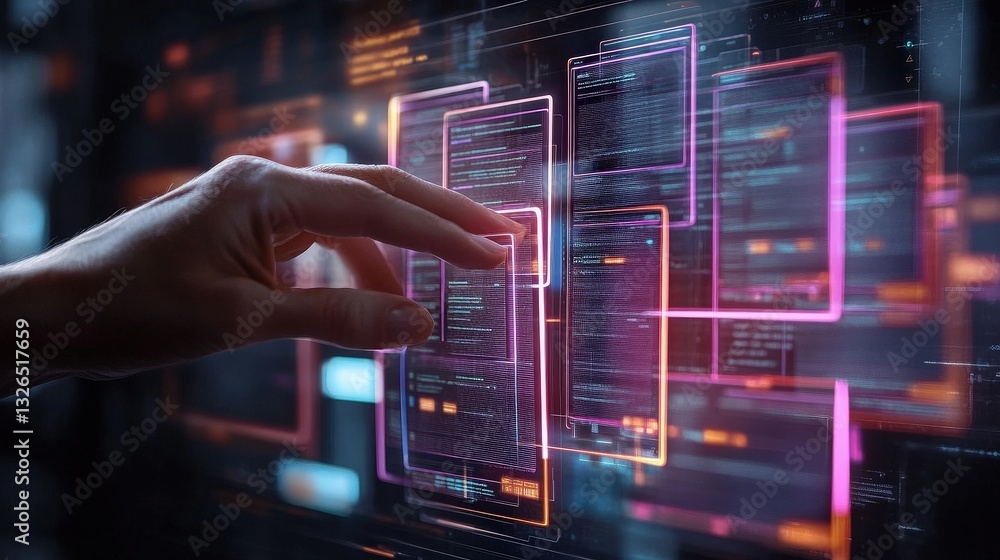 Poster a futuristic interface displaying digital data with a hand reaching towards the vibrant, illuminated