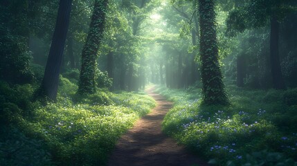 Naklejka premium Spring forest path features vibrant green leaves, ancient ivy-wrapped trunks, and dappled sunlight, with earthy trails and wildflowers creating a mystical, tranquil woodland scene.