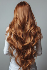 Fototapeta premium Stunning long wavy brown hair cascading down a woman’s back, glossy and voluminous curls, healthy and well-groomed hairstyle, beauty and fashion inspiration for hair care, salon treatments
