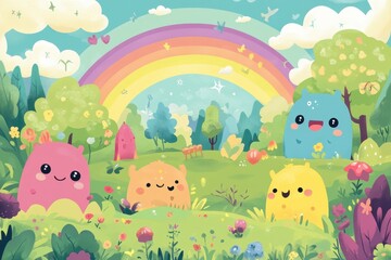 Naklejka premium Colorful cartoon characters are in a bright green garden setting