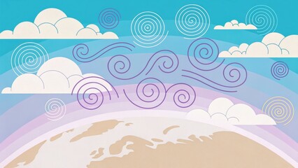 A whimsical illustration of swirling wind patterns above a stylized Earth, with colorful clouds and a bright blue sky.