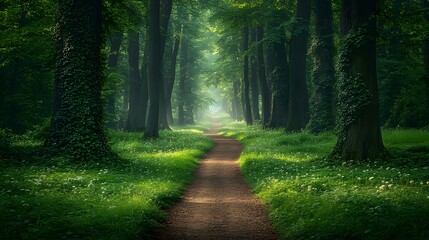 Obraz premium Spring forest path features vibrant green leaves, ancient ivy-wrapped trunks, and dappled sunlight, with earthy trails and wildflowers creating a mystical, tranquil woodland scene.