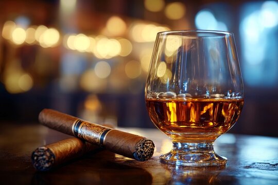 Elegant cigar and whiskey display in upscale lounge with softly blurred background ambience