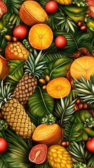 Obraz premium Abstract fruit market scene featuring tropical fruits and lush green leaves for a vibrant and exotic atmosphere