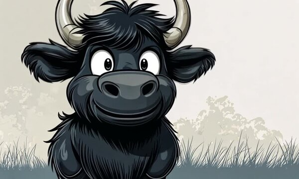 Yak cartoon character smiling, sitting on grass in a field with blurred trees in the background