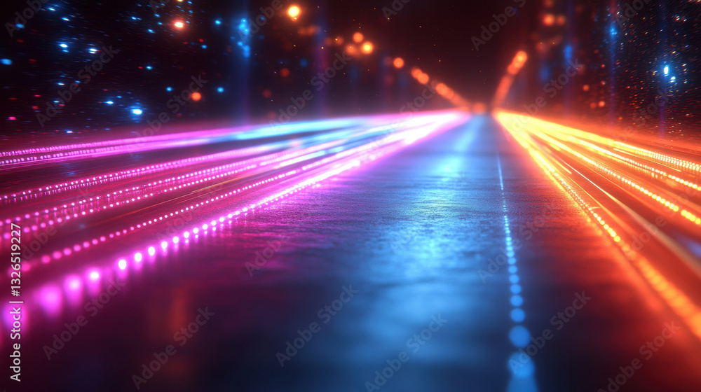 Poster bright multicolor neon light paths converge in dynamic display, creating vibrant and energetic atmos