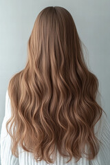 Fototapeta premium Elegant long brown hair with soft curls on a woman’s back, healthy shiny strands in a natural wavy style, beauty fashion concept, professional hair care and styling, feminine hairstyle inspiration