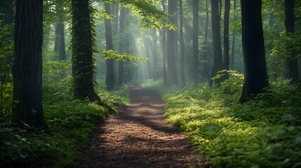 Obraz premium Spring forest path features vibrant green leaves, ancient ivy-wrapped trunks, and dappled sunlight, with earthy trails and wildflowers creating a mystical, tranquil woodland scene.