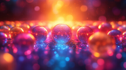 Bright multicolor neon orbs arranged symmetrically create vibrant atmosphere, radiating energy and warmth. glowing spheres reflect light beautifully, enhancing visual appeal