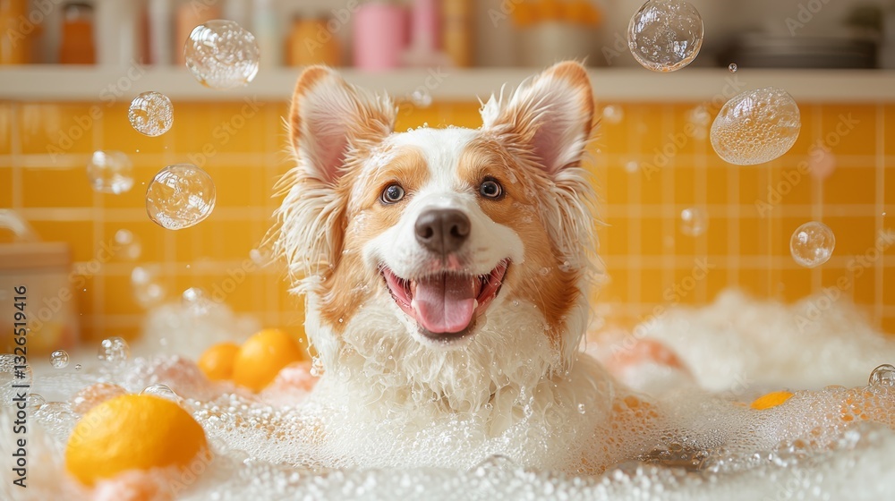 Poster whimsical dog grooming scene with floating tools and magical elements in surreal environment