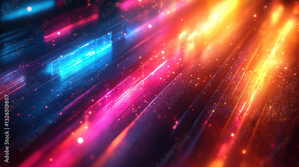 Poster dynamic multicolor neon lines create vibrant, energetic atmosphere with glowing particles. interplay