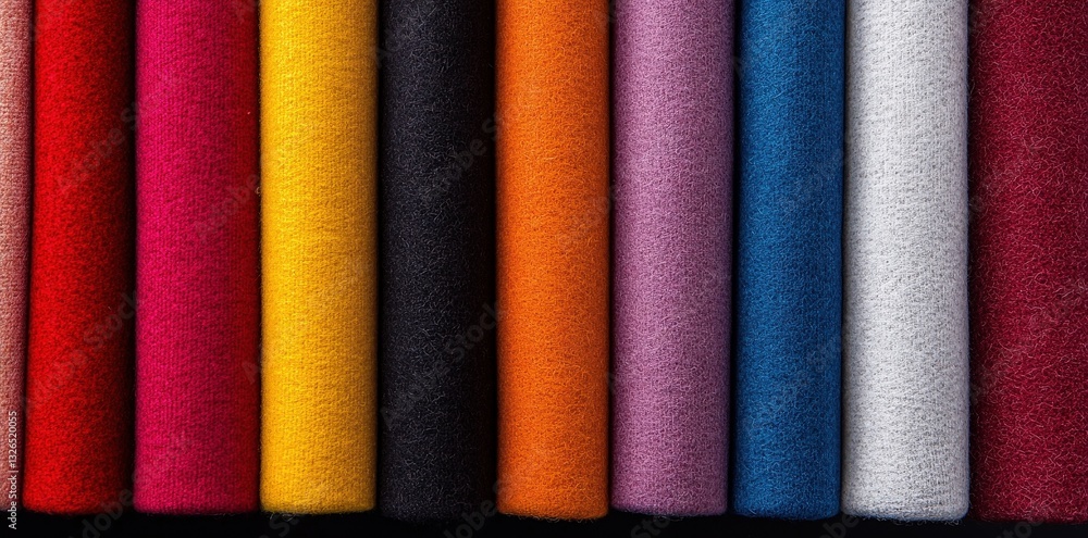 Poster a vibrant array of colorful fabric rolls displayed neatly, showcasing various textures and hues agai