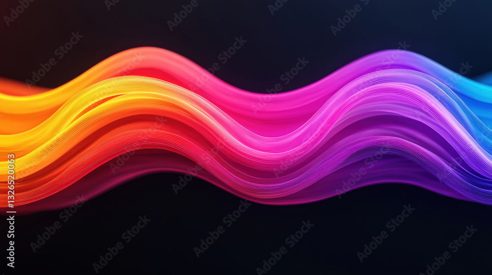 Poster dynamic multicolored waves flow gracefully in vibrant hues of orange, pink, and blue, creating mesme