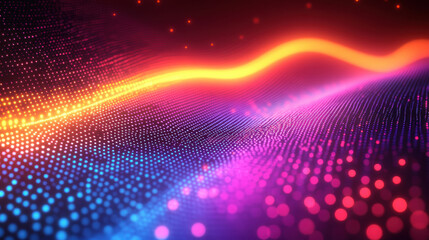 Vibrant neon waves create mesmerizing visual effect with colorful dots and gradients. This abstract design evokes sense of energy and movement, perfect for modern backgrounds