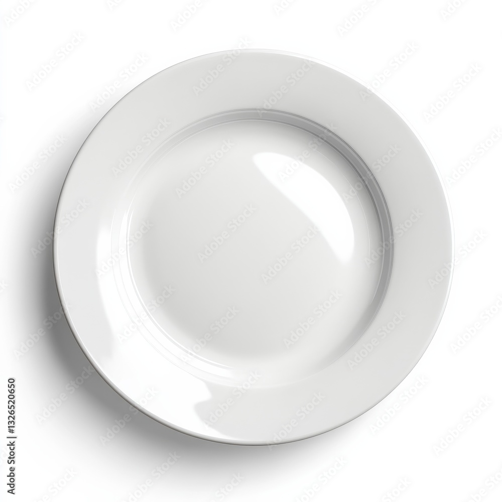Poster a pristine, white ceramic plate on a stark white background, illuminated to highlight its smooth tex