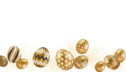 Easter poster with golden Easter eggs decorated with a pattern. Template for Easter banner, postcard, greeting.