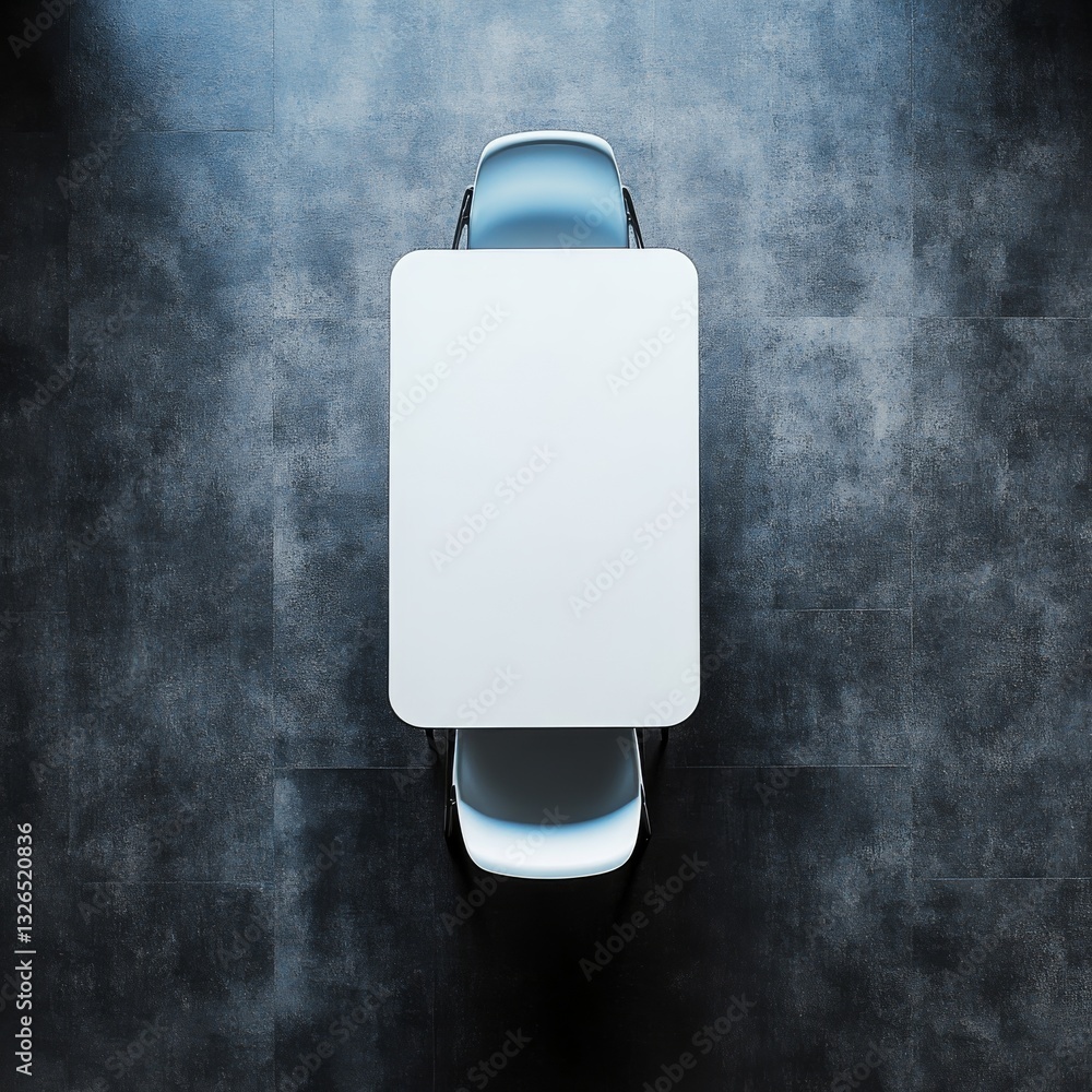 Poster A stark view of a minimalist white table and chairs against a textured dark blue tile background, creating a simple yet sophisticated composition.