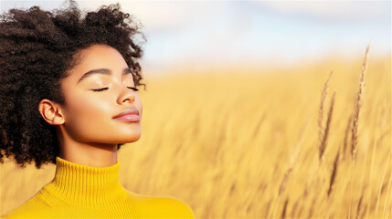 African American woman in yellow sweater with closed eyes in golden wheat field. Her peaceful expression perfectly captures mindfulness, serenity and natural wellness concepts with text space.