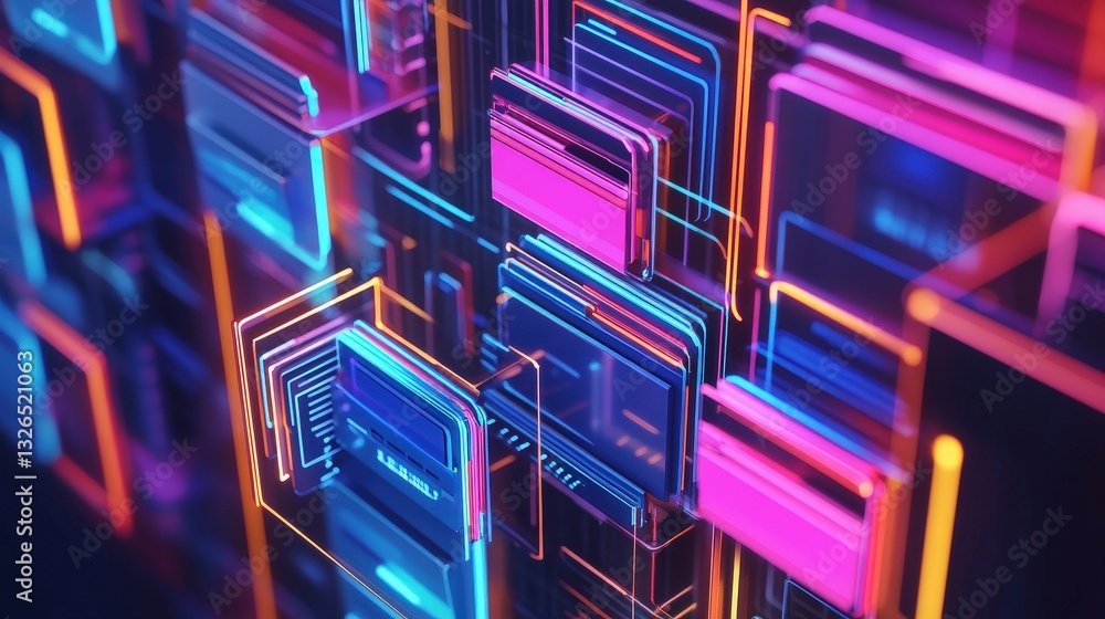 Poster a vibrant display of glowing geometric shapes in neon colors, creating a visually striking abstract 
