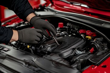 Obraz premium Mechanic in gloves repairing car engine with tools at auto shop, focusing on vehicle maintenance