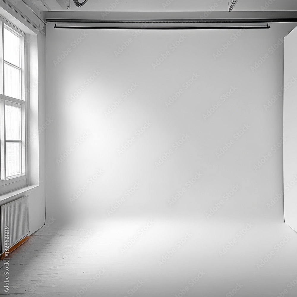 Aufkleber bright white photography studio with paper backdrop and window light - blank canvas for creativity