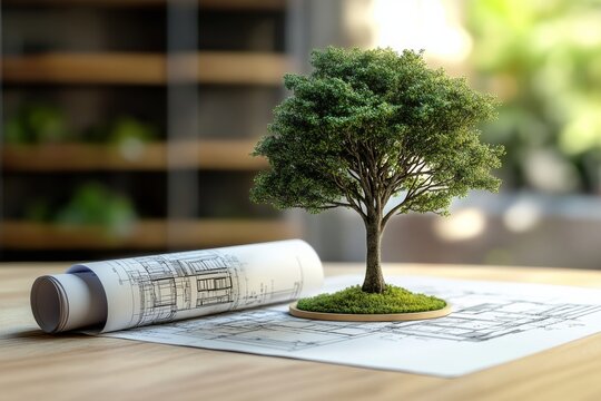 Eco friendly home building concept  green tree model and blueprints on wooden table for urban design - Powered by Adobe