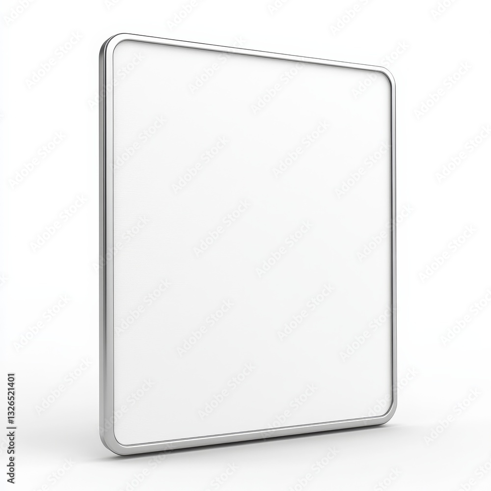 Poster clean minimalist whiteboard with silver frame: modern presentation display on white background.