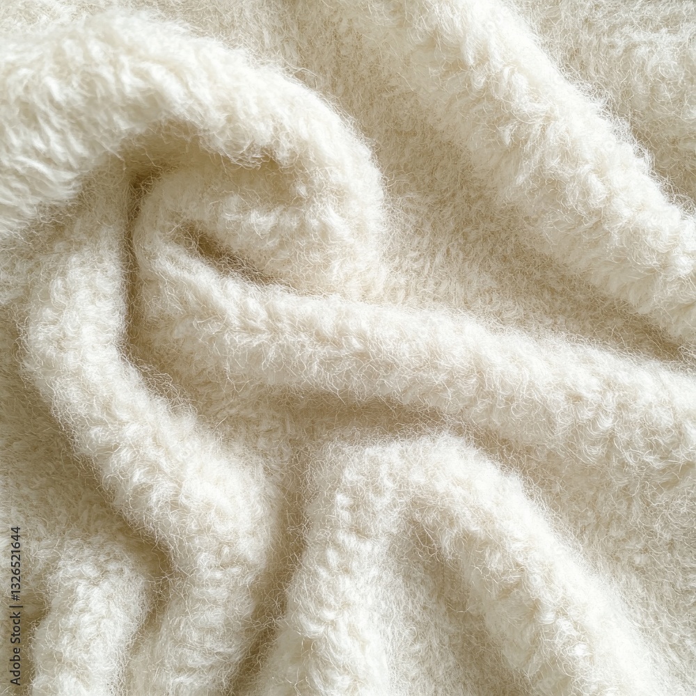 Poster close-up of cozy, cream-colored knit fabric with soft, delicate fibers creating warm and comforting 