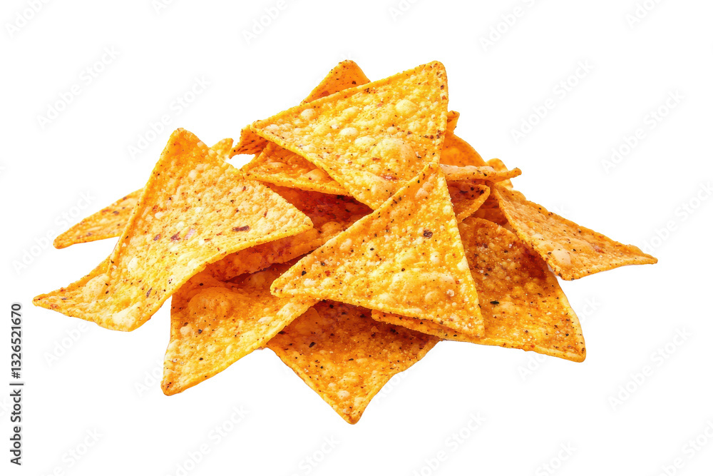 Poster a pile of triangular tortilla chips on a white background ready for dipping and snacking enjoyment t