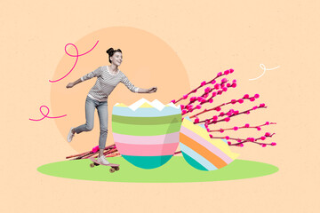 Composite sketch image design artwork collage of young lady ride skateboard cracked egg shell traditional easter feast family christianity