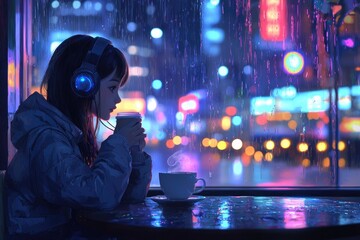 A person wearing headphones enjoys a rainy cityscape with coffee