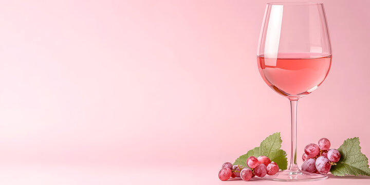 Elegant glass of rose wine with fresh red grapes on pastel pink background