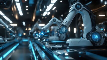 Obraz premium Advanced Robotic Arms in High-Tech Manufacturing Facility Setup