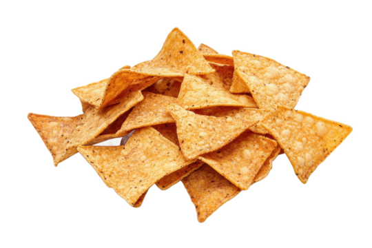 A pile of tortilla chips on a white background showcasing their golden color and triangular shapes clearly visible