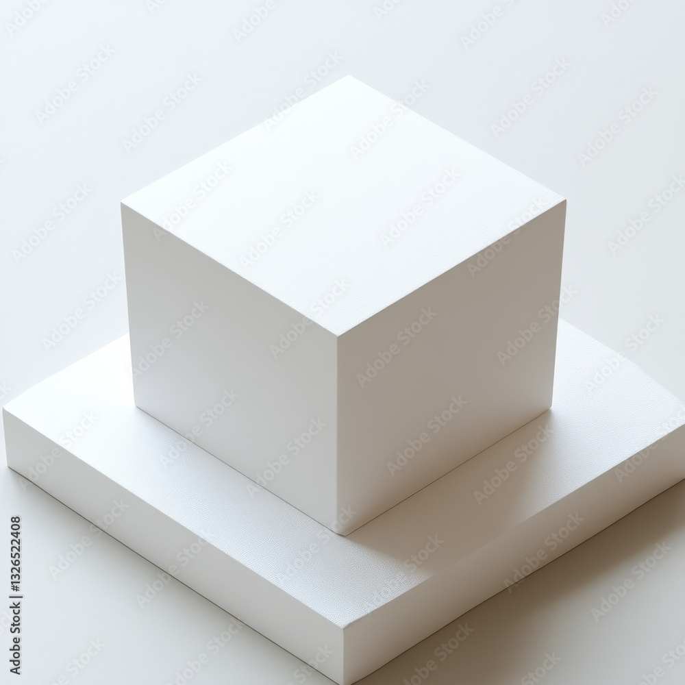 Poster geometric composition: square pedestal with cube in minimalist white tonal design