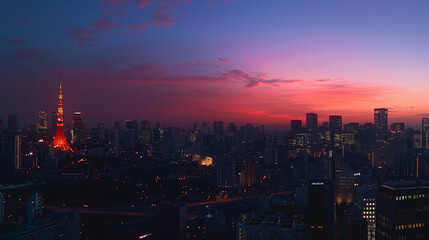 Fototapeta premium Panoramic view of Tokyo's skyline at sunset.