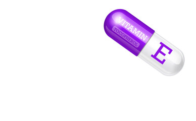 Vitamin E, tocopherol. Capsule tablet on white background. Copy space.