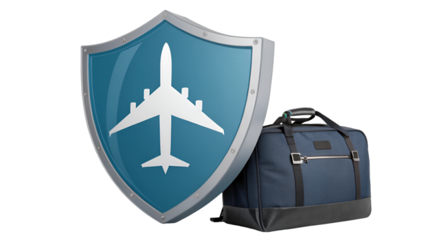 A digital shield with an airplane icon and a modern travel bag, symbolizing reliable protection on a journey.