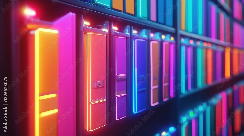 Poster a vibrant display of illuminated shelves featuring colorful boxes, creating a striking and modern ae