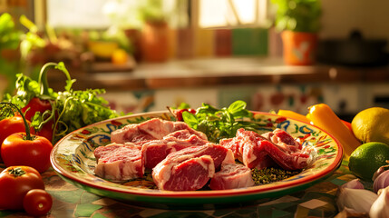 Raw Lamb Chops on Colorful Plate with Fresh Vegetables