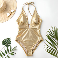 Obraz premium Shimmering Gold One-Piece Swimsuit – Plunge Neck Metallic Swimwear for Women.