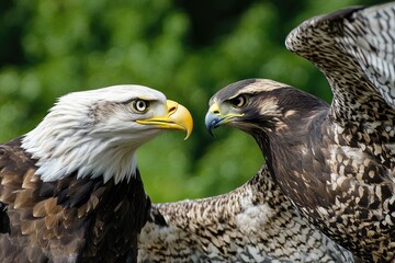 Fototapeta premium A bald eagle interacting with a falcon, showcasing different birds of prey