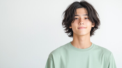 爽やかな笑顔が印象的なウルフヘアの10代男性モデルポートレート | ミントグリーン