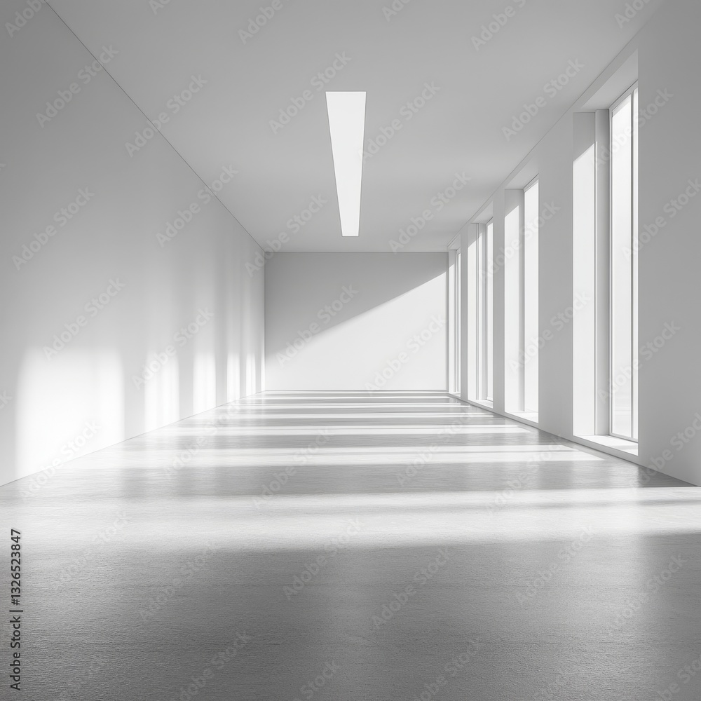 Aufkleber Modern All-White Corridor with Sunlight Streaming Through Windows Creating Shadows and a Sense of Clean Spaciousness
