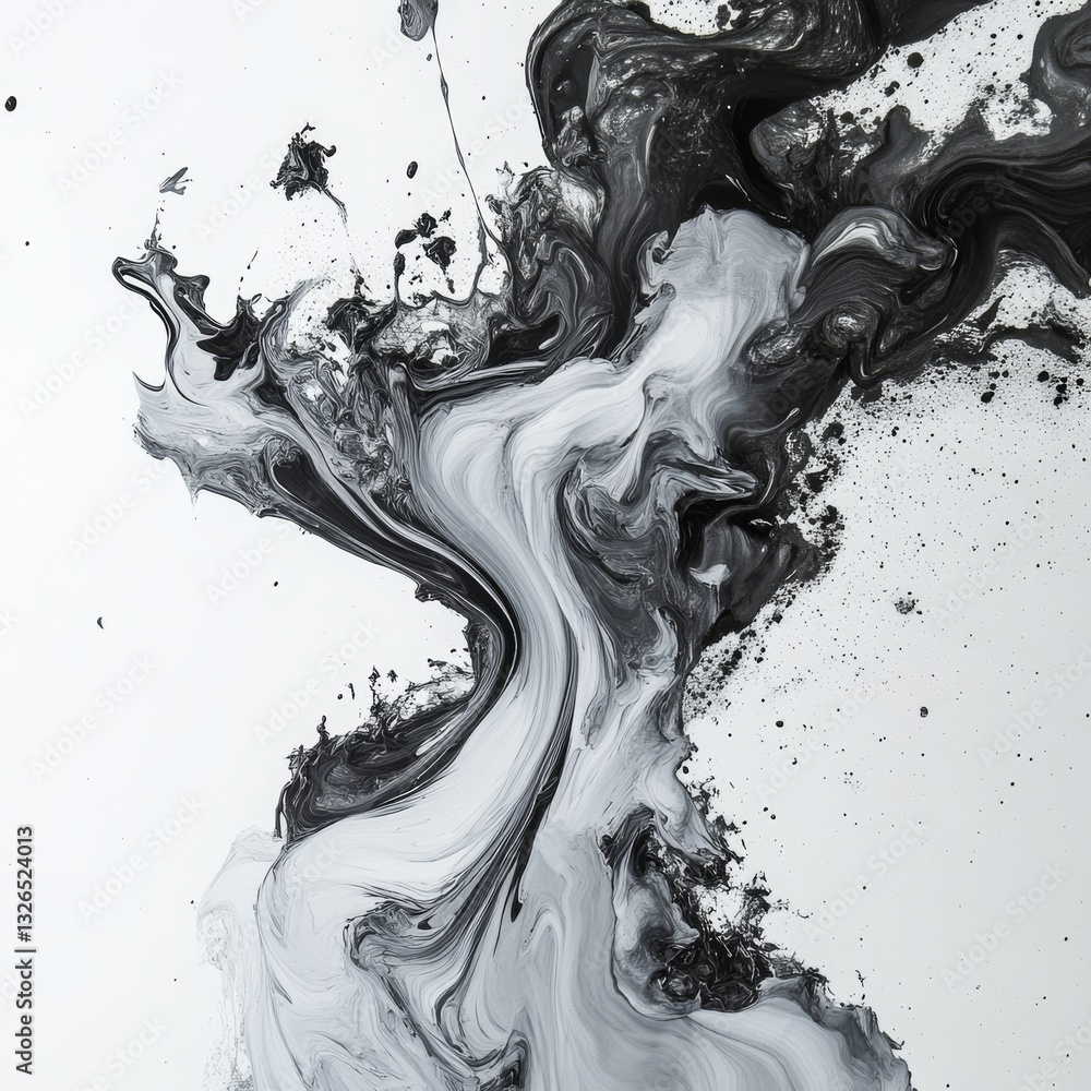 Poster Monochromatic Liquid Dance: Abstract Black and White Ink Flowing on a White Canvas with Splatters and Artistic Movement