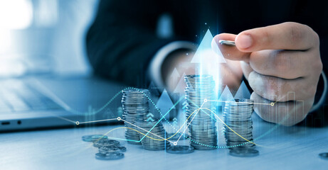 Money business financial graph diagram of coin. Stack of coins with trading price graph...