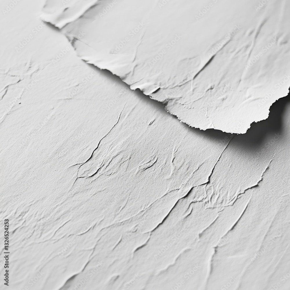 Aufkleber Monochromatic minimalism:  Abstract view of peeling, textured white paper showing subtle details and shadows casting a minimal design.