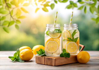 Fototapeta premium Refreshing lemonade with lemon slices and mint