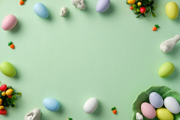 Easter greeting card template. Top view frame of pastel Easter eggs, bunny, decorations on light green background