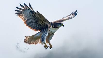 Obraz premium Majestic Gray Hawk in Flight, Soaring Through Misty Sky, Detailed Feathers and Talons Visible